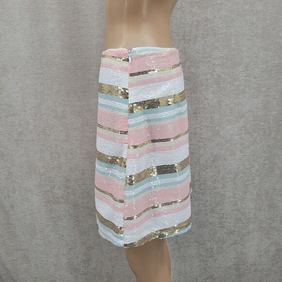 Storia Pastel Pink Blue White Gold Striped Sequin Mini A-line Skirt - Picture 4 of 10